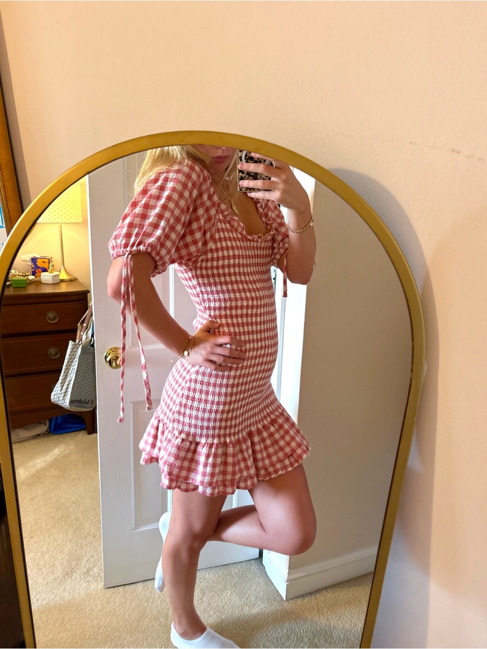 Pink Mable Gingham Smocked Ruffle Mini Dress - Picture 2 of 3